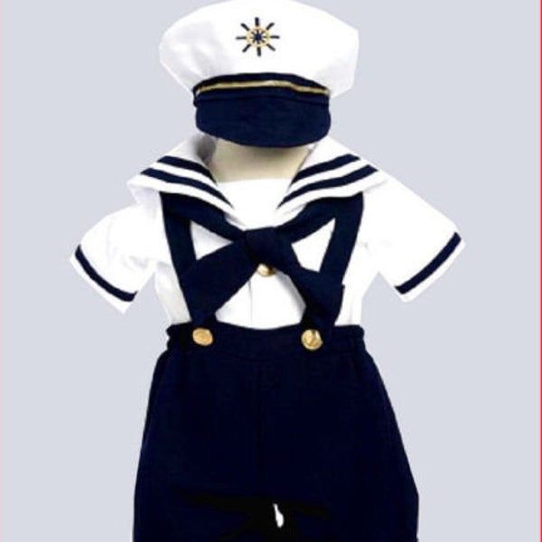 Costume de marin bleu marine pour garçons, tenue 4 pièces avec chapeau et foulard assortis