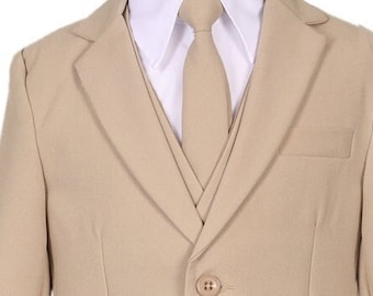Khaki Beige Tan Light Brown Boys Classic long fit 2 button formal suit complete set with matching tie vest pants shirt coat