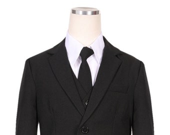 On Sale for Ltd Time! Black Boys formal suit complete with Coat, Tie, Vest, Pants, White Shirt for wedding, graduation and first communion