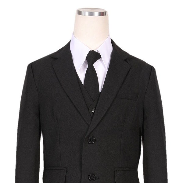 On Sale for Ltd Time! Black Boys formal suit complete with Coat, Tie, Vest, Pants, White Shirt for wedding, graduation and first communion