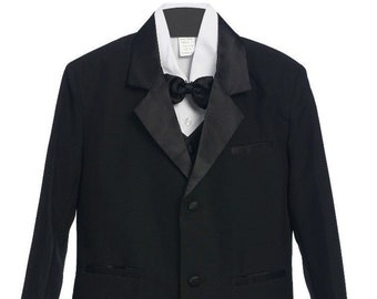 On Sale for Ltd Time! Black Boys 2 button tuxedo suit with shiny lapel complete with bow tie vest pants coat shirt fro wedding graduation