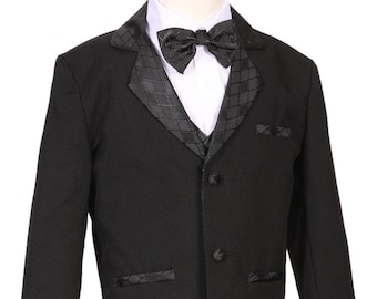 Black Boys Classic 2 button tuxedo suit with shiny diamond pattern lapel complete set with matching tie vest and pants