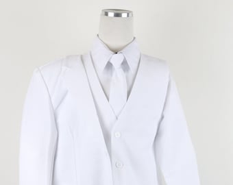 On Sale for Ltd Time!White Boys Classic  formal 2 button suit complete set( tie vest pants coat shirt) for wedding, proms, first communion