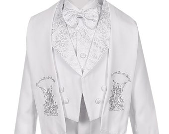 Special Holy Spirit Angel Baptism suit with Included Estola Communion tuxedo in White and Silver Details