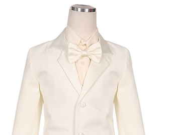 On Sale for Ltd time! Ivory Boys 2 button tuxedo suit with shiny lapel complete set with bow tie, vest, pants, coat and shirt