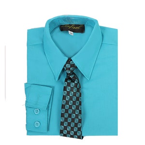 May include: A turquoise dress shirt with a black and turquoise patterned tie. The shirt has a button-down collar and long sleeves. The label on the shirt reads "Rafael 2T".