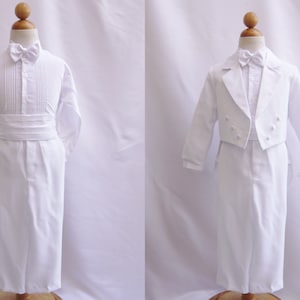 Classic White boys tuxedo with penguin style back tail matching cummerbund and bow tie for concerts, ring bearer, special occasions