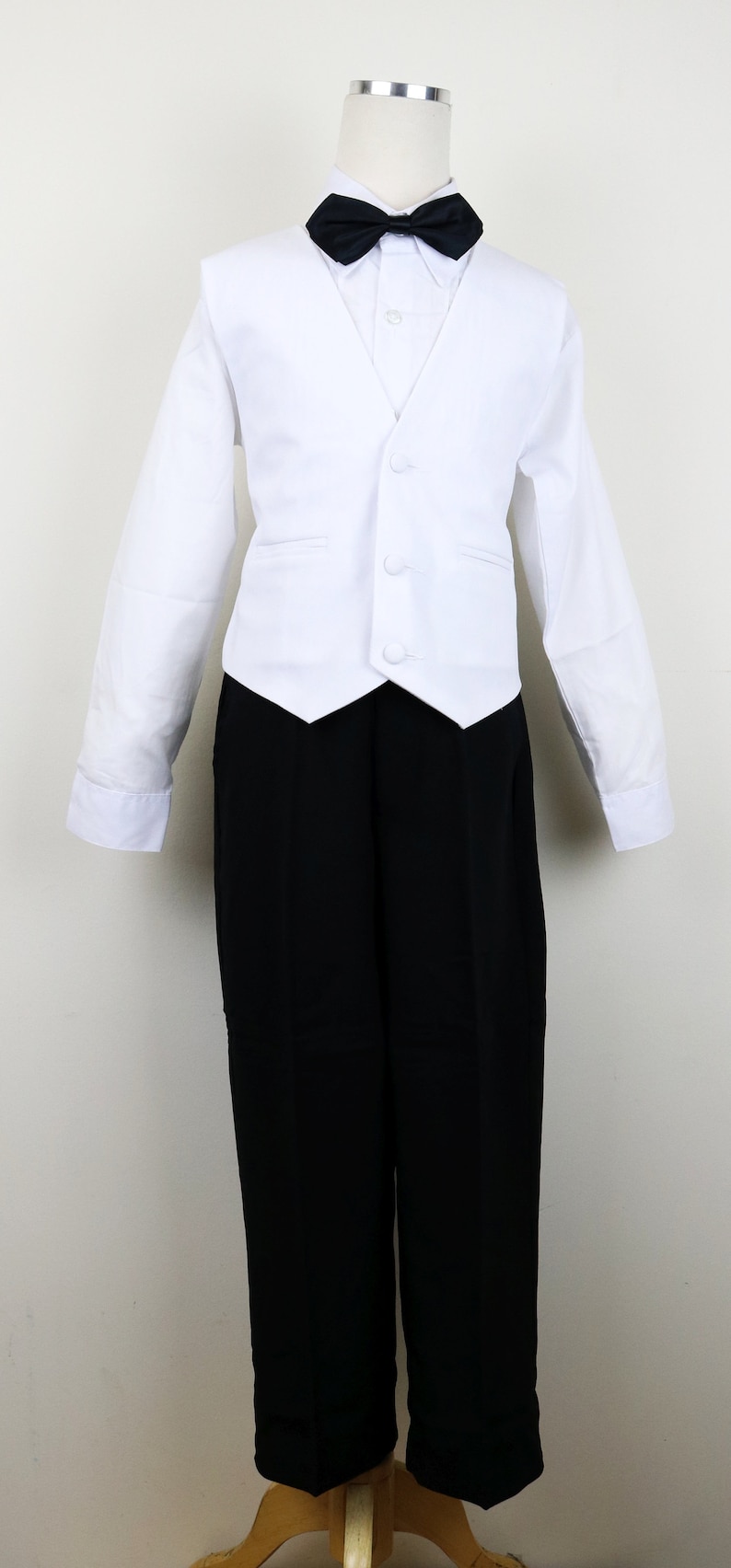 White and Black Boys Classic 2-tone button tuxedo suit with shiny lapel complete set with matching tie vest and pants