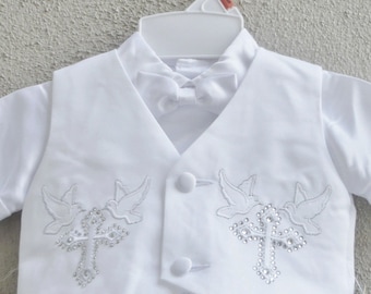 Boys white baptism/Christening short set 4 piece with rhinestone details, cross and dove embroidery