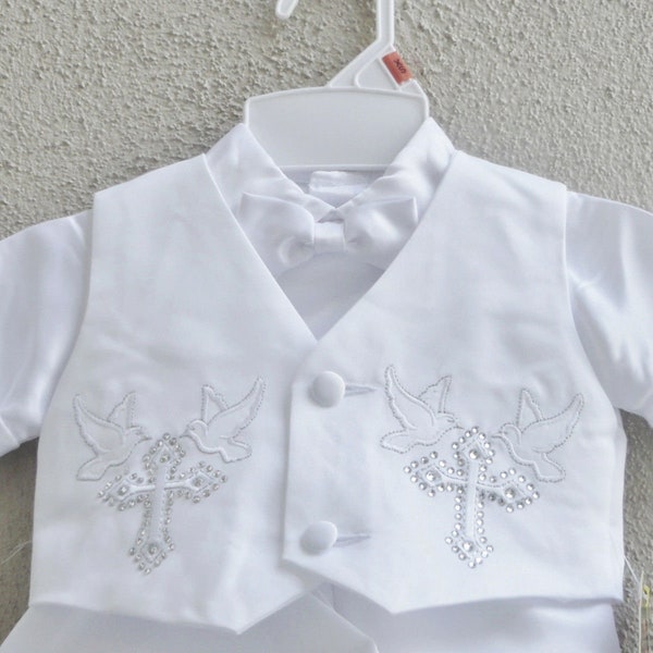 Boys white baptism/Christening short set 4 piece with rhinestone details, cross and dove embroidery