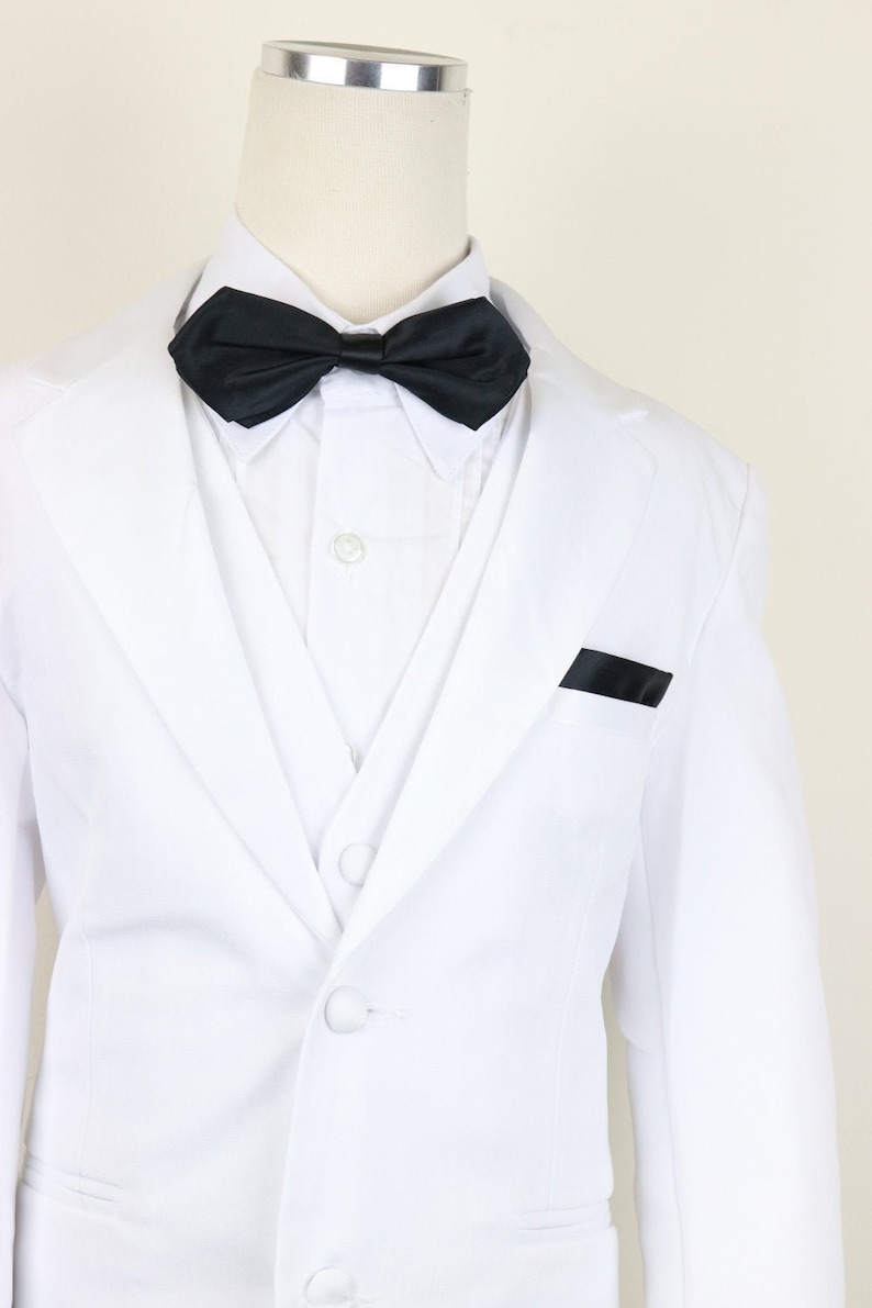 White and Black Boys Classic 2-tone button tuxedo suit with shiny lapel complete set with matching tie vest and pants