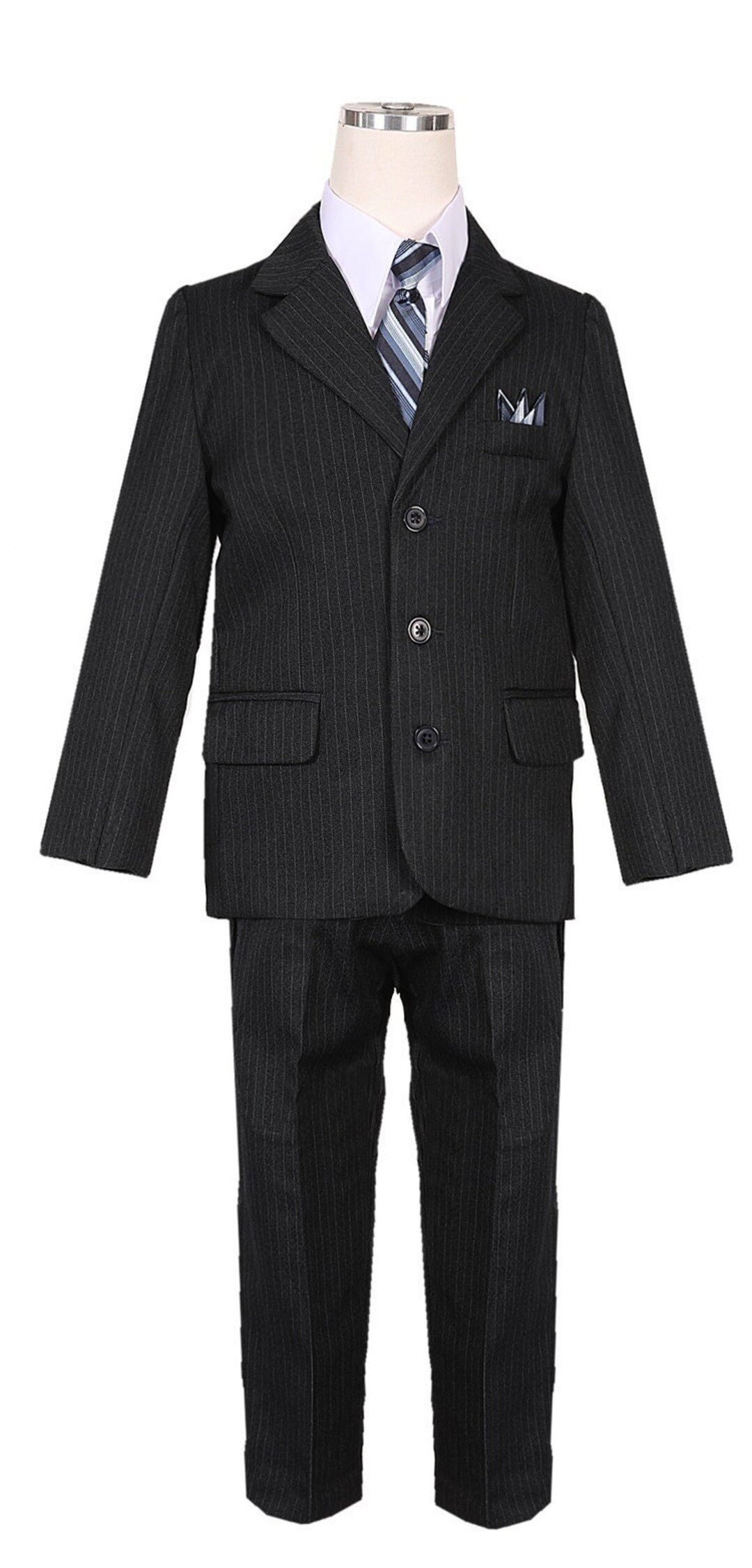 Boys Formal Suit Navy Pinstripe With Coat, Vest, Pants, Shirt, Tie and
