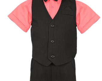 Boys shorts set melon/coral black pinstripe vest 5 piece bow tie hat short sleeve