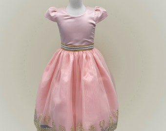 Elegant Formal Princess Party Dress With Beaded Belt and Gold Embroidered Lace