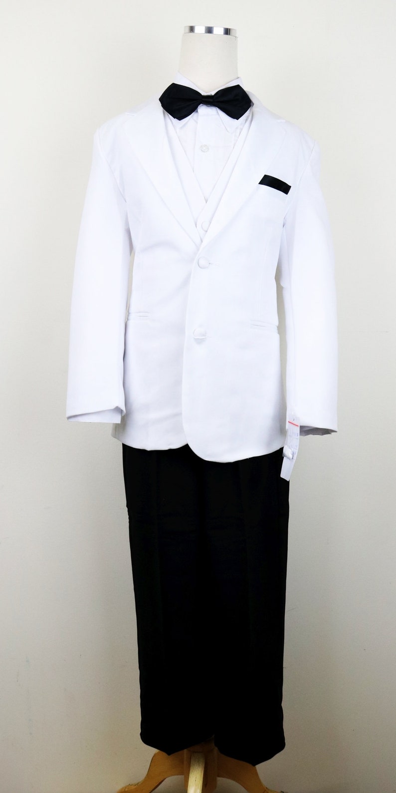 White and Black Boys Classic 2-tone button tuxedo suit with shiny lapel complete set with matching tie vest and pants