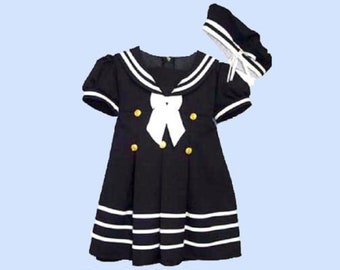 Girls Navy Blue Sailor dress Outfit With Matching Hat and Bow
