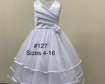 Girls Dresses for First Communion, Satin/Tulle Fabric with Bias ribbon trim on 3 layers overlay with flower accessories Made in USA