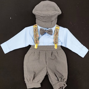 Fall European Style Boys outfit with Suspender and Shorts Set in fancy Baby blue and brown color