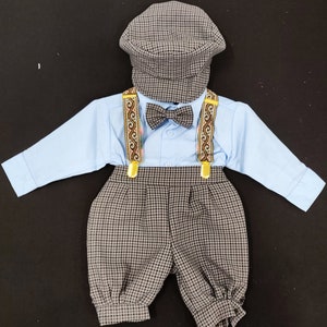 Fall European Style Boys outfit with Suspender and Shorts Set in fancy Baby blue and brown color