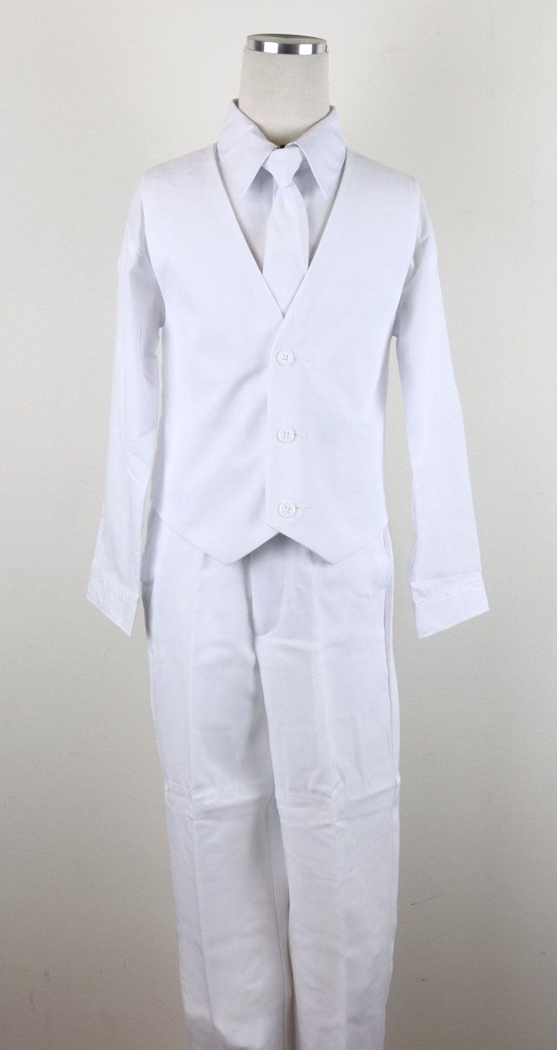 On Sale for Ltd TimeWhite Boys Classic formal 2 button suit complete set tie vest pants coat shirt for wedding, proms, first communion image 5