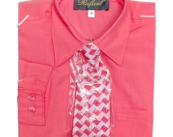 Boys Melon/Coral Long Sleeve Dress Shirt With Matching Tie