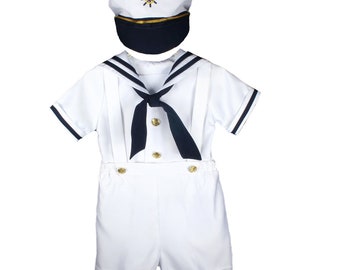 Traje de marinero blanco para niño de 4 piezas con sombrero y pañuelo a juego