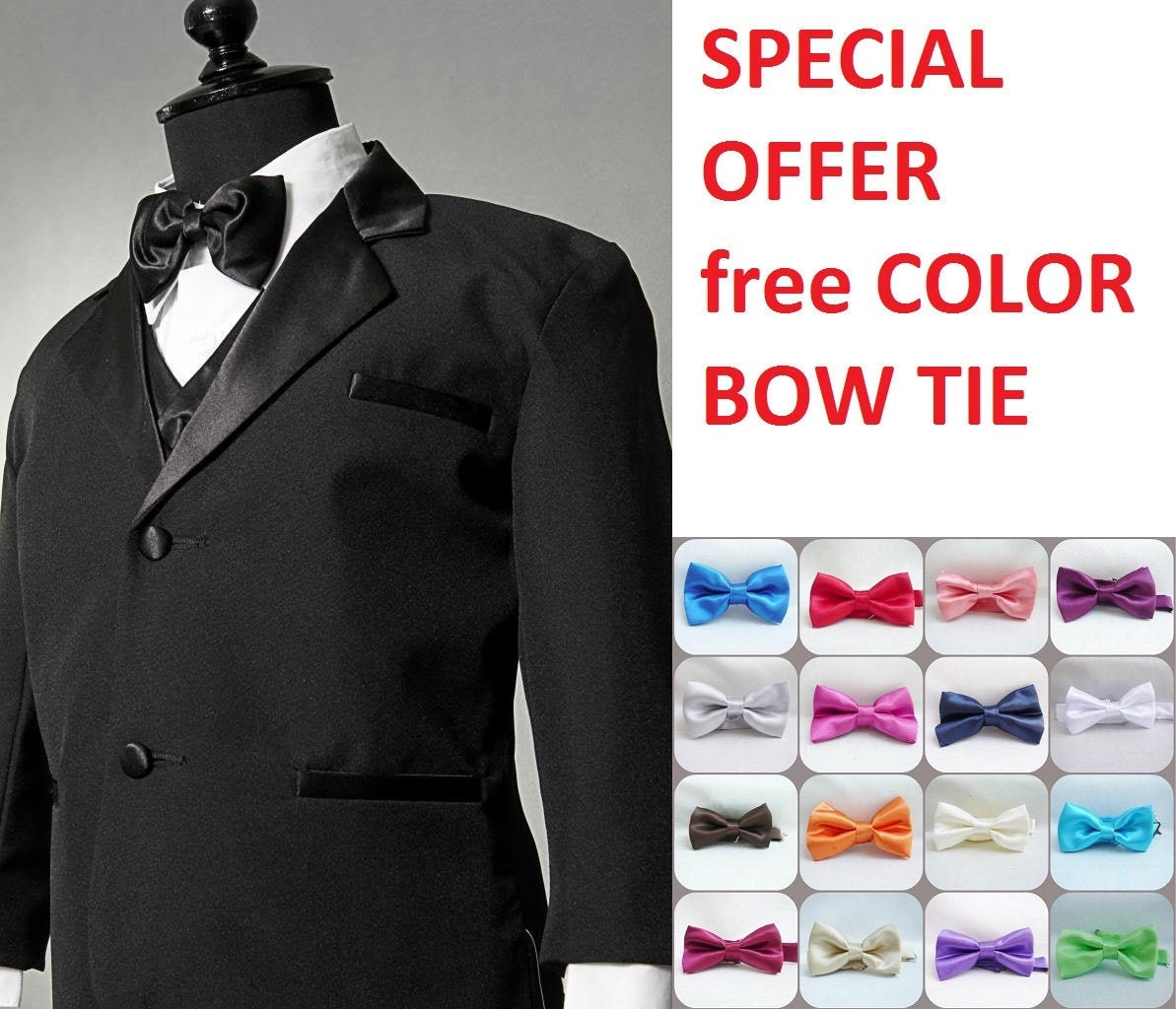 Special Holiday offer Black Boys Classic 2 button tuxedo suit with shiny lapel complete set with free color Bow tie