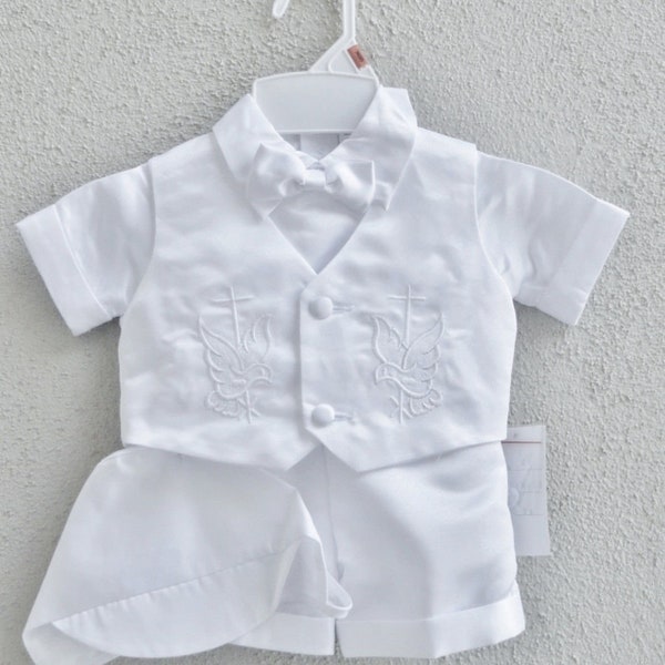 Boys white baptism short set 4 piece with Stitched Cross and Dove Detaisl