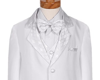 Boys Classic White 2 button tuxedo suit with shiny diamond pattern lapel complete set with matching tie vest and pants for First communion