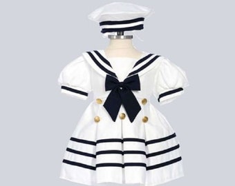 Girls white Sailor dress Outfit With Matching Hat and Bow