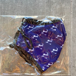 May include: A blue face mask with a white pattern of the outline of the state of Massachusetts. The mask is packaged in a clear plastic bag.