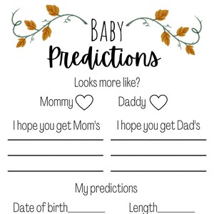 May include: A white baby shower game card with the words "BABY Predictions" in a whimsical font. The card includes sections for predictions about the baby's appearance and a pumpkin illustration. Decorative fall leaves and flowers adorn the top and bottom.