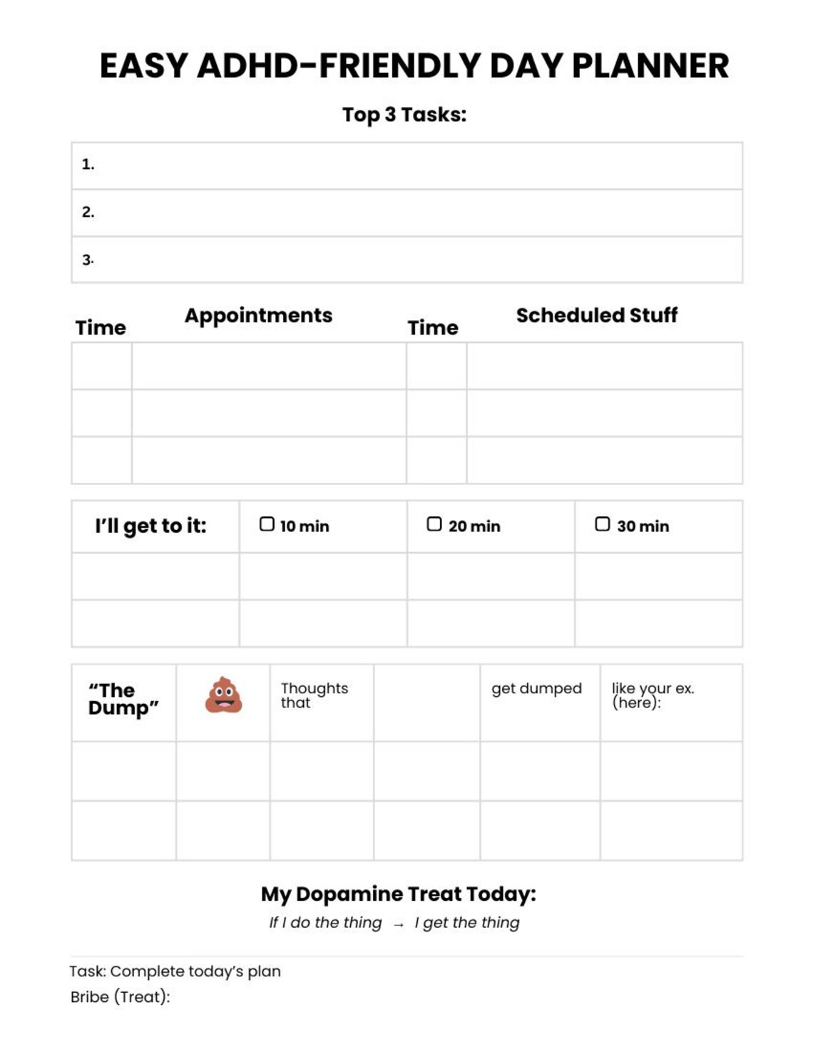 ADHD Day Planner | One-page Printable | Executive Function Sheet - Etsy