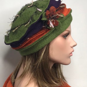 Women's winter hat in boiled wool. Anais hat in green, purple, orange and brick. Women's winter hat.