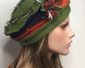 Women's winter hat in boiled wool. Anais hat in green, purple, orange and brick. Women's winter hat.
