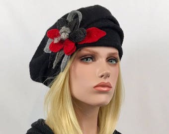 Chapeau Marion Noire. Chapeau femme . Béret en laine bouillie . Bonnet d'hiver .