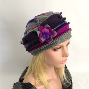 Chapeau Femme . Chapeau Anais Gris-Violet-Fuchsia en laine bouillie . Chapeau d'hiver . Bonnet en laine . Toque . image 8