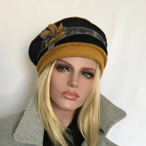 Anais Hat Mustard yellow-gray-black. Women&#39;s hat. Winter hat. Boiled wool toque.
