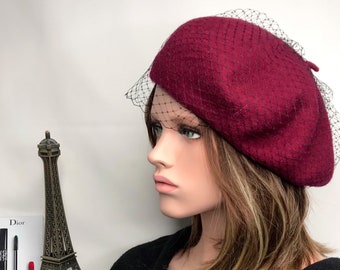 Bonnet,béret en laine pour femme,Bonnet Fedora à large bord,en  feutre,Vintage,noir,élégant,église - Type wine red - 55-58CM