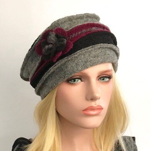 Chapeau femme .Chapeau Anais Gris Bordeaux Noir en laine bouillie .Chapeau d'hiver . Toque .Bonnet laine . image 1