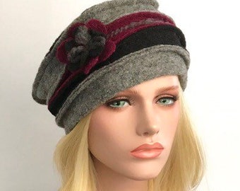 Chapeau femme .Chapeau Anais Gris -Bordeaux -Noir en laine bouillie .Chapeau d'hiver . Toque .Bonnet laine .