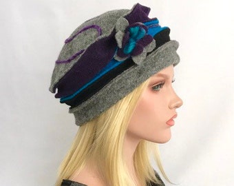 Women's hat. Anais Turquoise-gray-purple hat in boiled wool. Women's boiled wool hat. Winter hat. Women's hat.