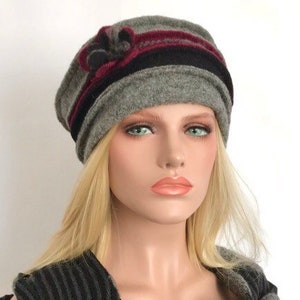 Chapeau femme .Chapeau Anais Gris Bordeaux Noir en laine bouillie .Chapeau d'hiver . Toque .Bonnet laine . image 6