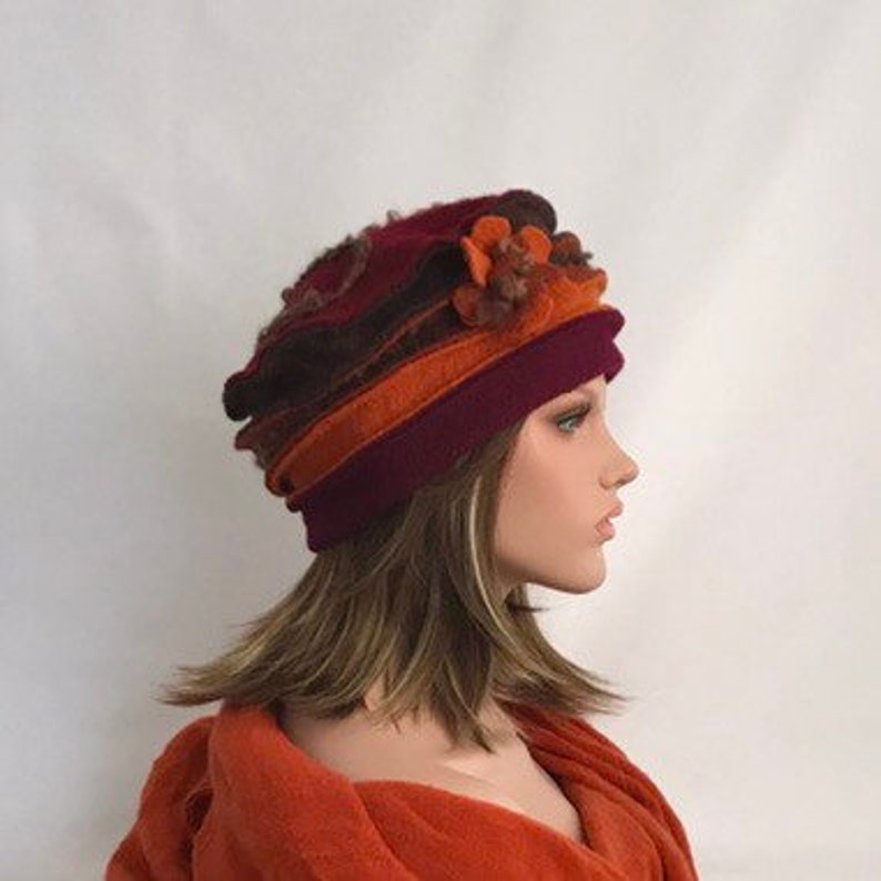 Chapeau femme Anais Bordeaux Marron-Orange-Brique en laine bouillie . Bonnet femme en laine . Toque femme .Chapeau hiver . image 2