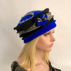 Chapeau femme . Chapeau Anais Bleu royal Gris Noir en laine bouillie . Chapeau d'hiver . Bonnet en laine . Toque . image 4