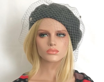 Grey Paris Beret. Women's Hat. Winter Hat. Wool Beret with Veil. Formal Hats.