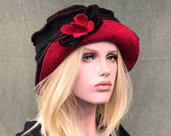 Black-Red Jasmin Hat. Women's hat. Boiled wool winter hat.