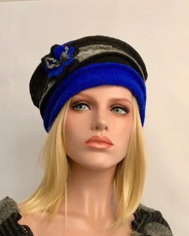 Women's hat. Anais hat Royal blue Gray Black in boiled wool. Winter hat. Wool cap . Toque. image 2