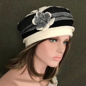 Chapeau Anais Ivoire-gris-noir. Chapeau femme. Bonnet dhiver. Toque en laine bouillie. image 6