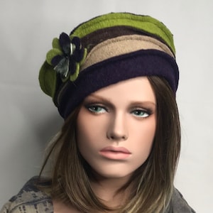 Women&#39;s winter hat in boiled wool. Anais winter hat in purple, lime green, taupe and brown. Women&#39;s hat.